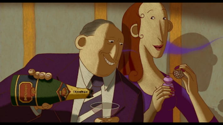 Costa et Claudine portent du violet, que l’on retrouve dans le parfum de Claudine à travers de longues volutes fluorescentes. 