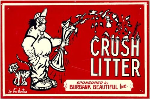 Dessin (métal peint) de Tim Burton pour la ville de Burbank Crush Litter Sign 1973