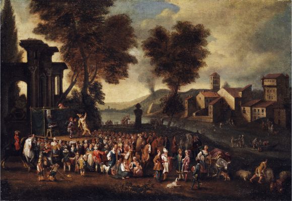Peeter van Bredael, Scène de la Commedia dell'arte dans un paysage italien, XVIIe - XVIIIe siècles, huile sur toile, 40,5 × 69 cm, coll. privée